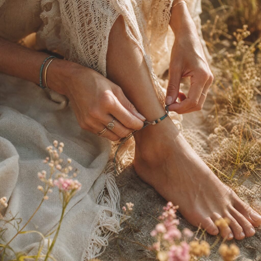 Beaded anklet, bare feet