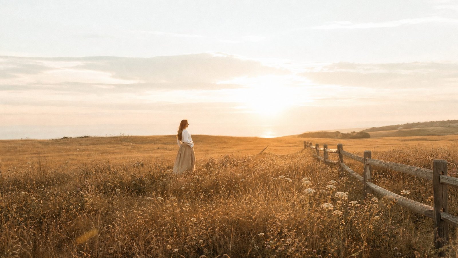 A figure in a sand maxi skirt far away in a golden meadow