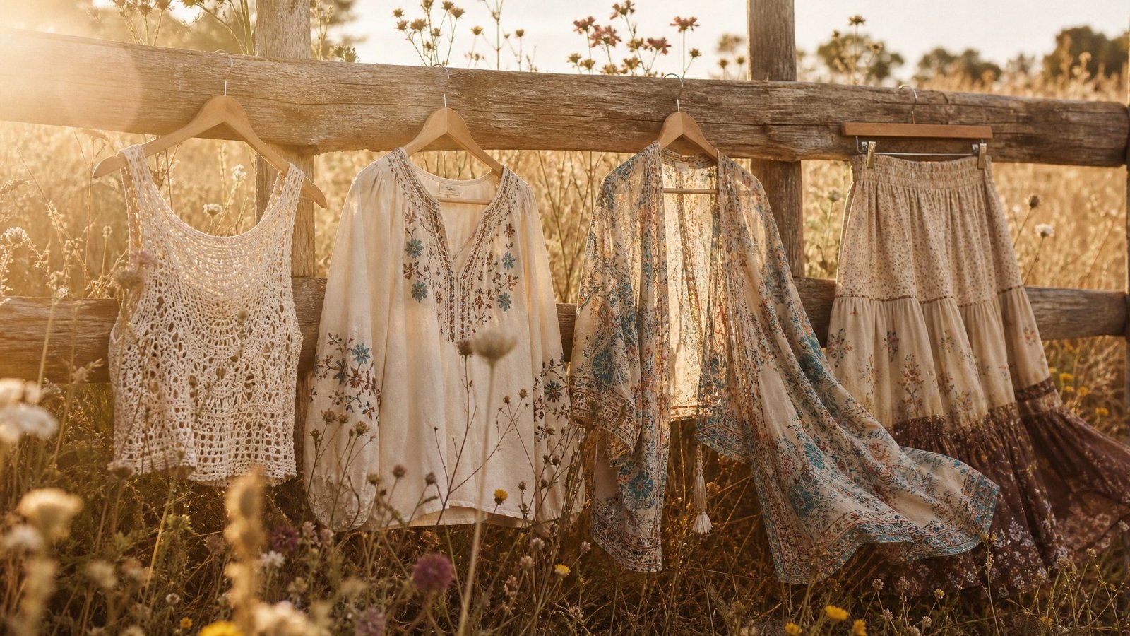 Crochet top, embroidered blouse, printed kimono and tiered skirt hanging along a wooden fence