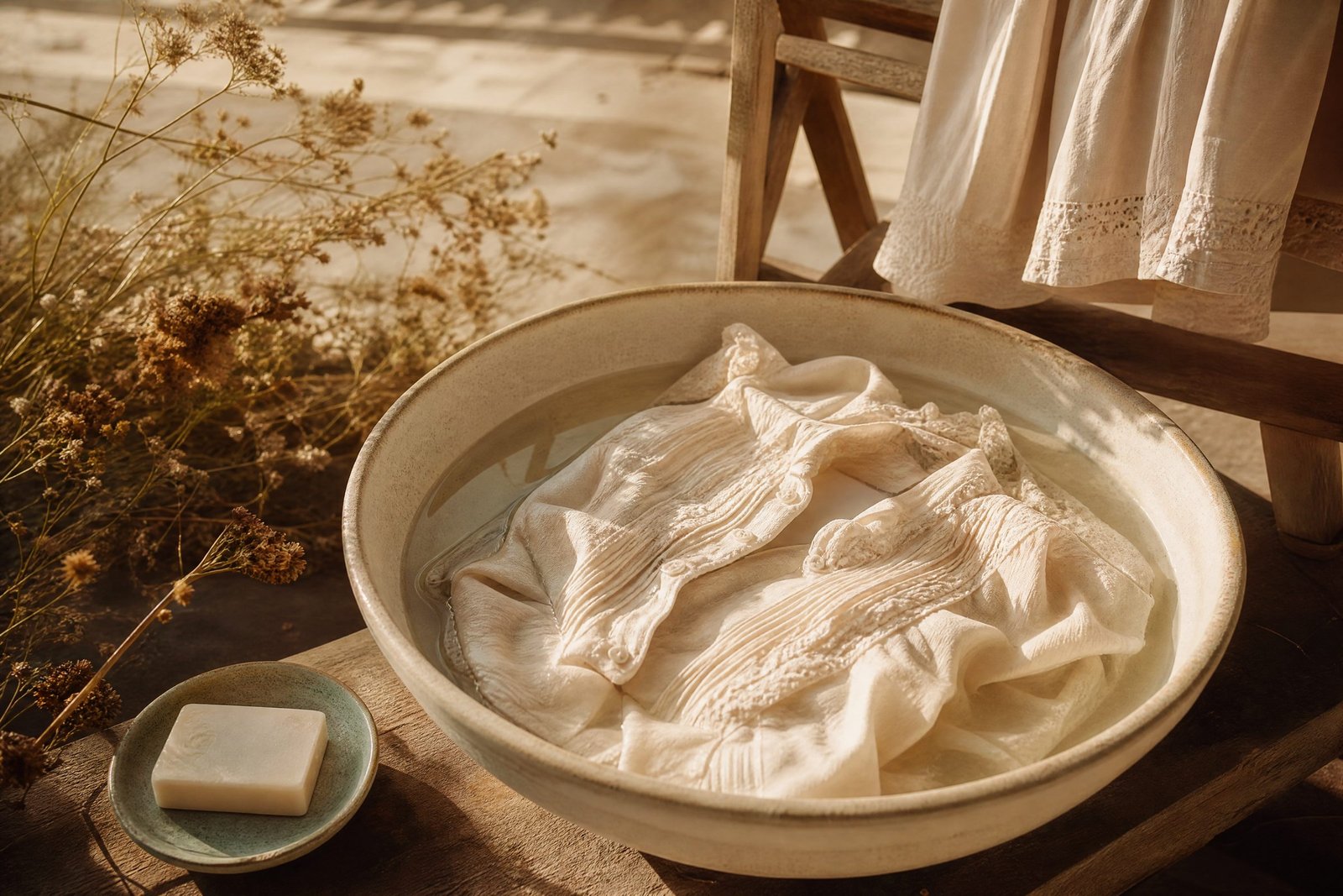 Cotton blouse soaking in a ceramic basin with a bar of soap